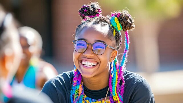 Radiant young adult with expressive smile, vibrant multi-colored braids styled in buns, and modern eyewear enjoys sunny outdoor moment.