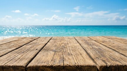 Fototapeta premium Empty wooden table with ocean background and blue sky,perfect for product display,summer advertising,food presentation,and seaside lifestyle branding concepts