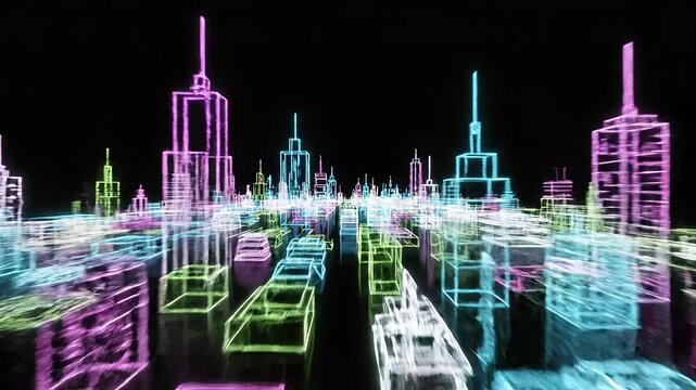Neon futuristic city skyline in digital cyber glow.