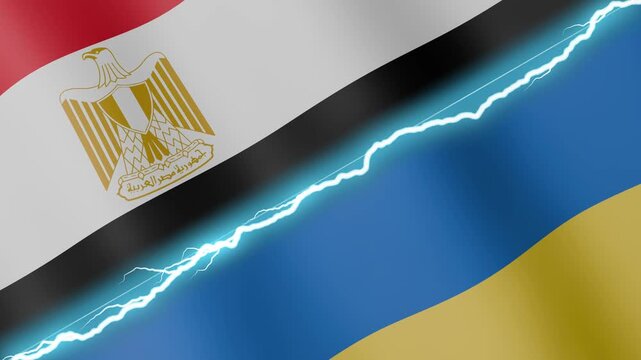Two waving flags Egypt and Ukraine with diagonal lightning seamless, 4k loop