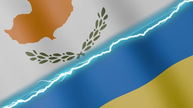 Two waving flags Cyprus and Ukraine with diagonal lightning seamless, 4k loop
