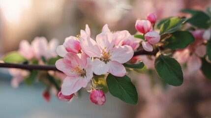 Obraz premium Pink apple blossom branch in spring sunshine. Blooming tree concept for seasonal nature background, gardening, and floral design.