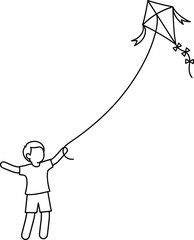 Child flying kite line drawing simple vector illustration