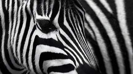 Naklejka premium Close-up of a zebras face showcasing its distinctive black and white stripes and eye.