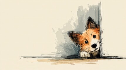 Cute dog peeking behind wall looking curious