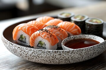 Fresh sushi rolls salmon avocado Japanese cuisine wooden plate image