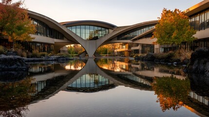 Fototapeta premium Modern Architectural Building Reflected in Calm Water at Sunset.