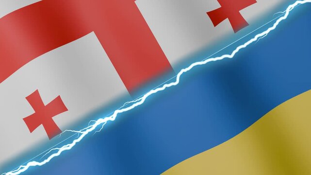 Two waving flags Georgia and Ukraine with diagonal lightning seamless, 4k loop