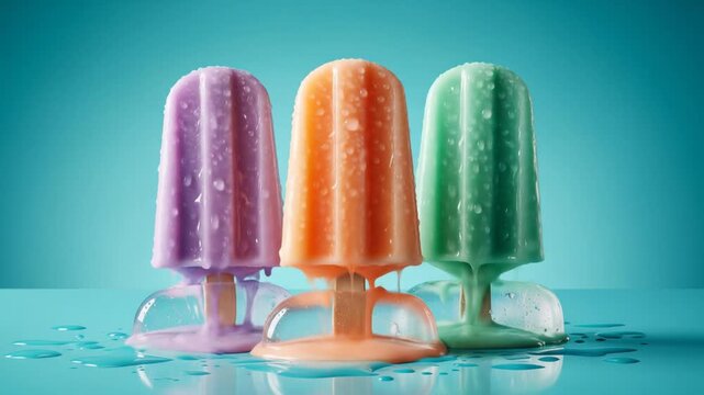 Colorful Popsicles Melting on a Blue Surface - A Sweet Summer Treat.