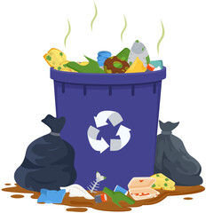 Overflowing Trash Can with Flies and Garbage Bags