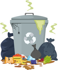 Overflowing Trash Can with Flies and Garbage Bags