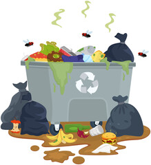 Overflowing Trash Can with Flies and Garbage Bags