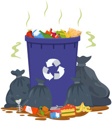 Overflowing Trash Can with Flies and Garbage Bags