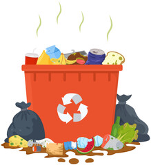 Overflowing Trash Can with Flies and Garbage Bags