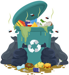 Overflowing Trash Can with Flies and Garbage Bags