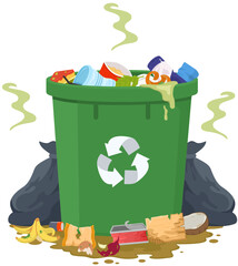 Overflowing Trash Can with Flies and Garbage Bags