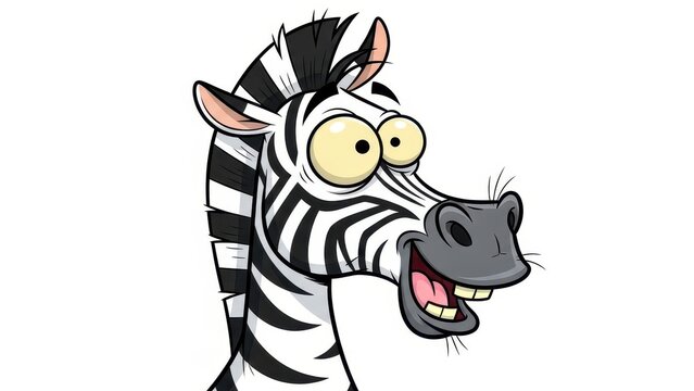 Funny zebra cartoon character, crazy smiling zebra head with big eyes, goofy safari animal illustration on white background
