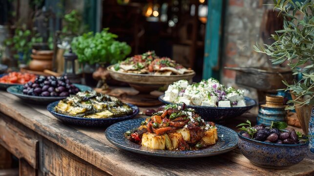 Traditional greek food dishes serving on a rustic wooden table