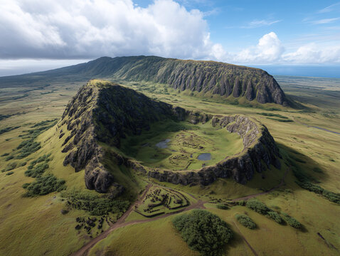 Rano kau volcano crater and orongo village from above