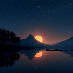 Full moon reflection on calm lake with mountains night photo