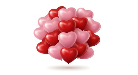 A cluster of red and pink heart-shaped balloons floating against a white background.