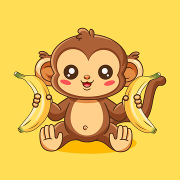 Happy Little Monkey Sitting with Two Bananas Vector Illustration Cartoon Design