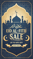 Eid Al-Fitr Sale banner featuring mosque and golden decorations image