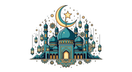 Beautiful Fantasy Mosque with Blue and Gold Domes © MdAbdul