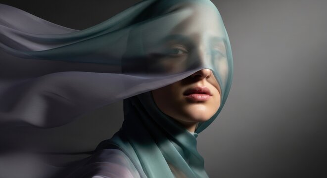 A woman wearing a hijab with a flowing veil covering her face