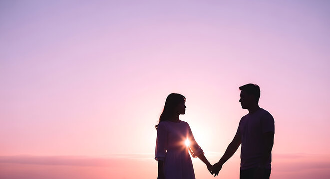 Couple holding hands, silhouetted against a soft purple and pink gradient sunset sky Romantic couple silhouette
