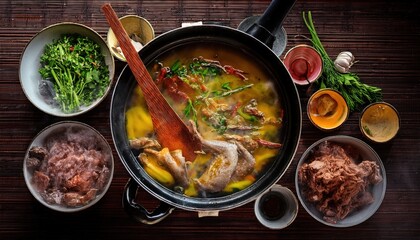 Overhead view steaming pot of stew surrounded by ingredients