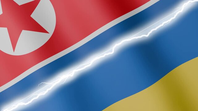 Two waving flags North Korea and Ukraine with diagonal lightning seamless, 4k loop