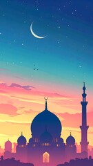 Serene mosque silhouette at dusk with crescent moon and stars visible in the evening sky, image (92).jpg