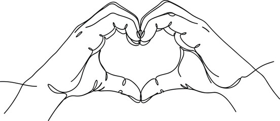 Hands forming heart shape gesture, simple line art, white background, love symbol