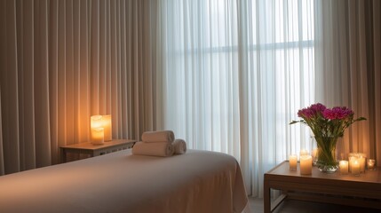 Massage bed with rolled towel, lit candles, and flowers in a vase for a relaxation and wellness treatment. Spa interior with dim light for body care and therapy.
