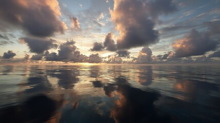 Horizon of a tropical sea against a dramatic sunset with heavy cloud reflections on the water surface. Scenic ocean view for travel and nature concept.