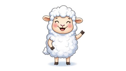 Obraz premium Cute cartoon lamb waving hand, happy sheep character with fluffy white wool, isolated on white