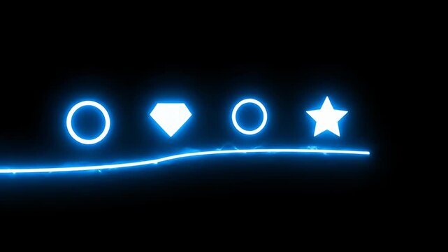 Neon blue icon sequence along glowing line in dark background.