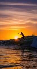 Surfer riding ocean wave against vibrant sunset sky