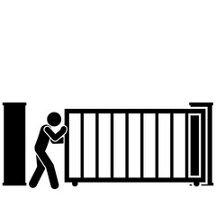 Stick figure pushing gate door to open entrance.