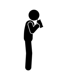 Stick figure drinking water from tumbler reusable bottle.