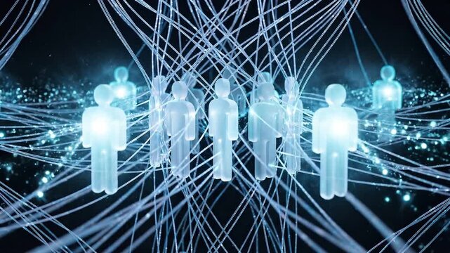 Glowing Data Threads Link Human Silhouettes