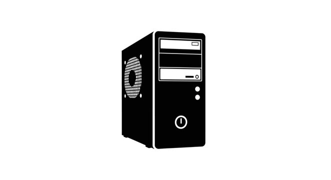 This black vector icon illustrates a desktop computer CPU tower, symbolizing technology, computing, data processing, and digital systems. It represents hardware infrastructure, office technology, and 