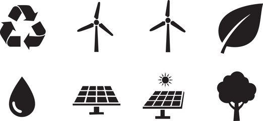 Black of recycling symbol wind turbines leaf water drop solar panels sun and tree