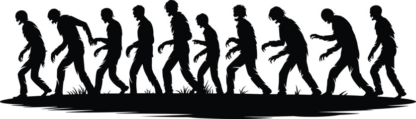 Zombie silhouette horror illustration showing undead human figures walking in sequence, spooky Halloween concept, apocalyptic monster characters, black vector artwork isolated on white background