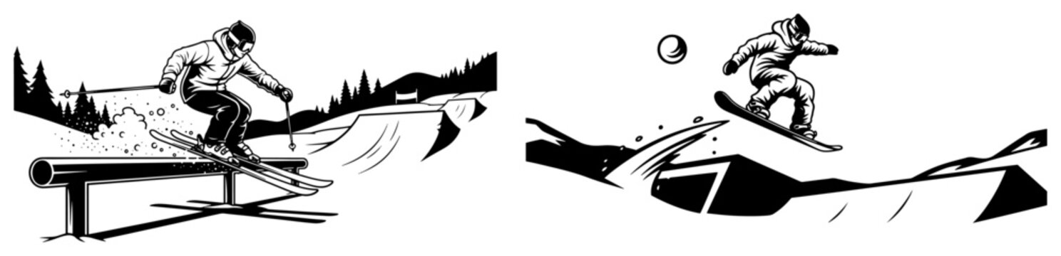 Freestyle skier and snowboarder performing stunts and jumps in a winter snow park