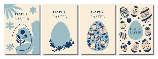 Set of Easter cards with with blue eggs decorated flowers and folk ornaments. Pastel vector illustrations for festive posters and seasonal celebration. © IrinaBrusentseva