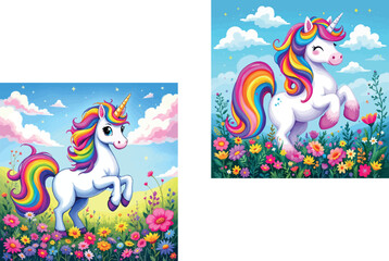Unicorn with rainbow mane prancing in flowery field