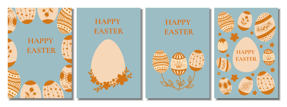 Set of four Easter greeting cards with with orange eggs decorated floral pattern and folk ornaments. Warm pastel vector illustrations for festive posters and seasonal celebration.