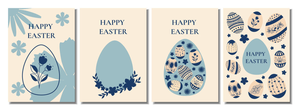 Set of Easter cards with with blue eggs decorated flowers and folk ornaments. Pastel vector illustrations for festive posters and seasonal celebration.